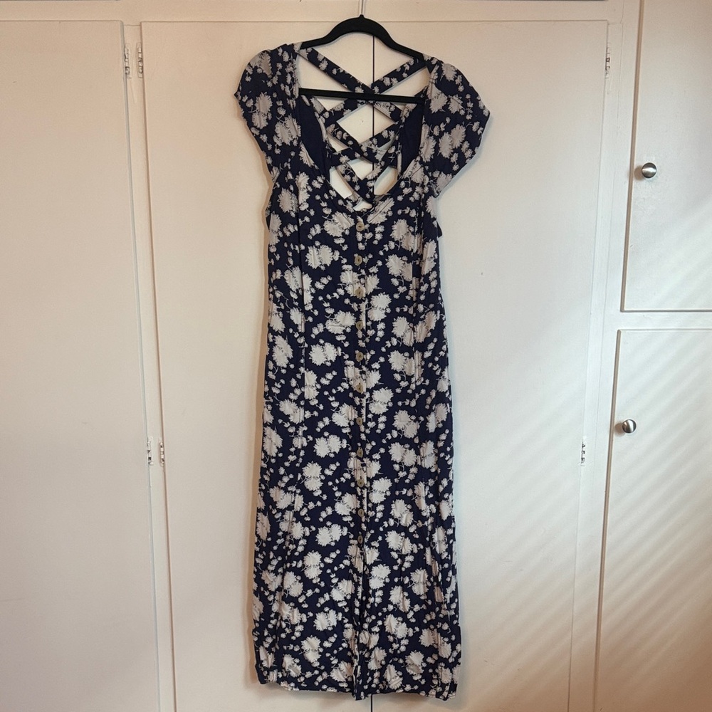 Anthropologie Navy and White Floral Maxi Dress